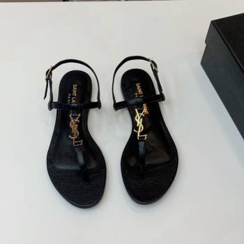 Saint Laurent YSL Flat Thong Sandals in Black Stone Embossed Leather 2024 0506 (MD-240506119)