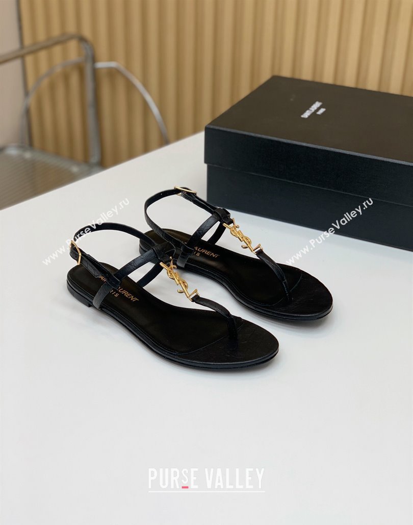 Saint Laurent YSL Flat Thong Sandals in Black Stone Embossed Leather 2024 0506 (MD-240506119)