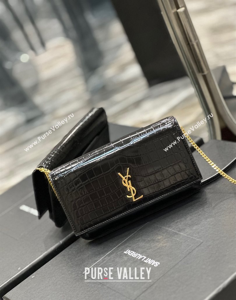 Saint Laurent Cassandre Phone Holder Chain Mini bag in Crocodile-Embossed Leather Black 2024 635095 (YY-240525070)