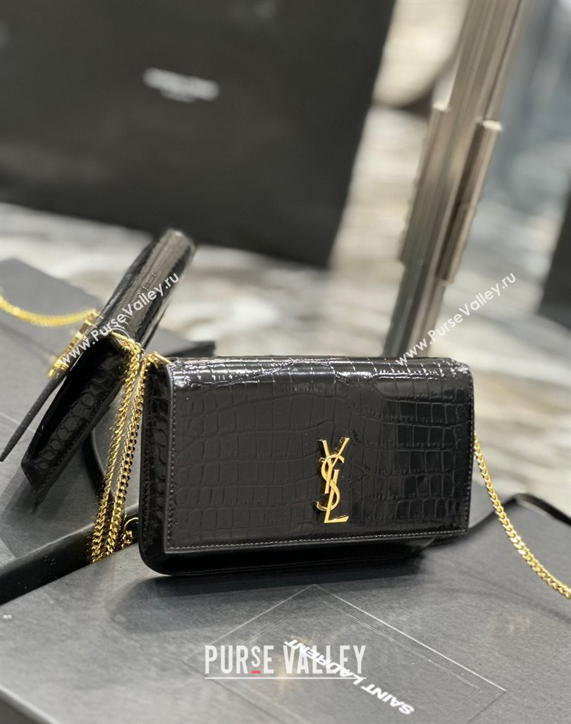 Saint Laurent Cassandre Phone Holder Chain Mini bag in Crocodile-Embossed Leather Black 2024 635095 (YY-240525070)