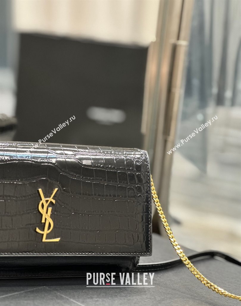 Saint Laurent Cassandre Phone Holder Chain Mini bag in Crocodile-Embossed Leather Black 2024 635095 (YY-240525070)