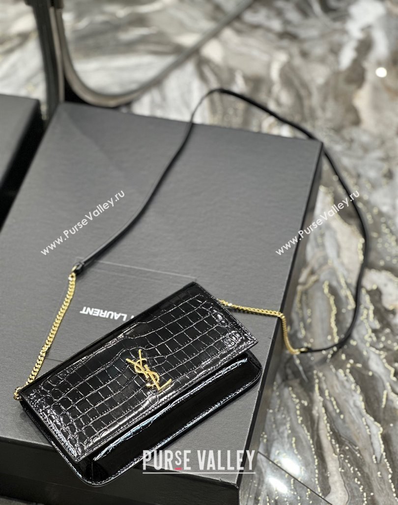 Saint Laurent Cassandre Phone Holder Chain Mini bag in Crocodile-Embossed Leather Black 2024 635095 (YY-240525070)