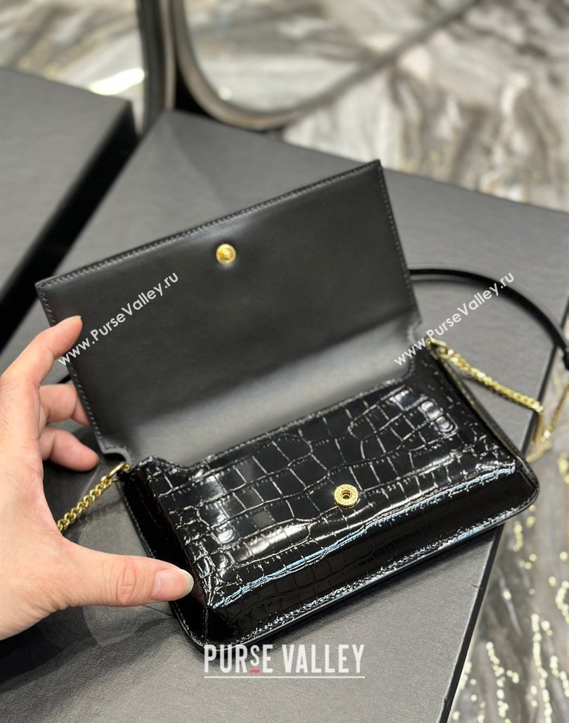 Saint Laurent Cassandre Phone Holder Chain Mini bag in Crocodile-Embossed Leather Black 2024 635095 (YY-240525070)