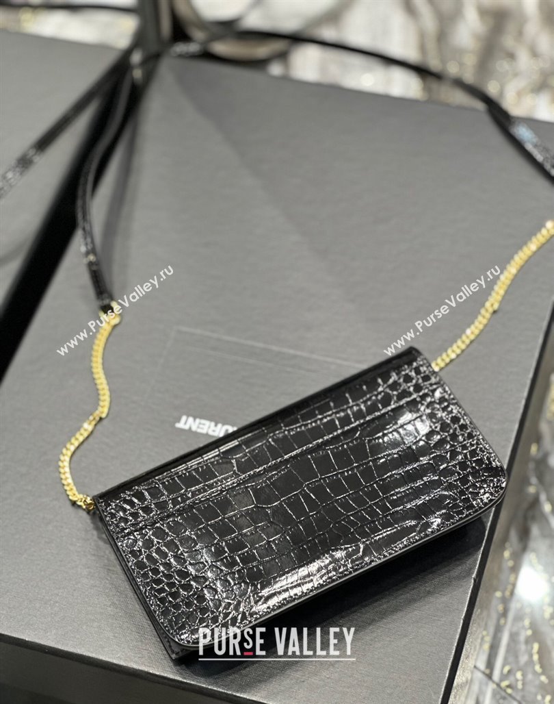 Saint Laurent Cassandre Phone Holder Chain Mini bag in Crocodile-Embossed Leather Black 2024 635095 (YY-240525070)