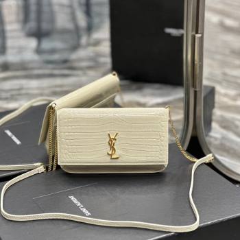 Saint Laurent Cassandre Phone Holder Chain Mini bag in Crocodile-Embossed Leather White 2024 635095 (YY-240525071)