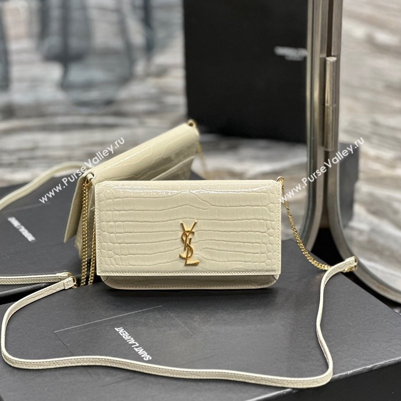 Saint Laurent Cassandre Phone Holder Chain Mini bag in Crocodile-Embossed Leather White 2024 635095 (YY-240525071)