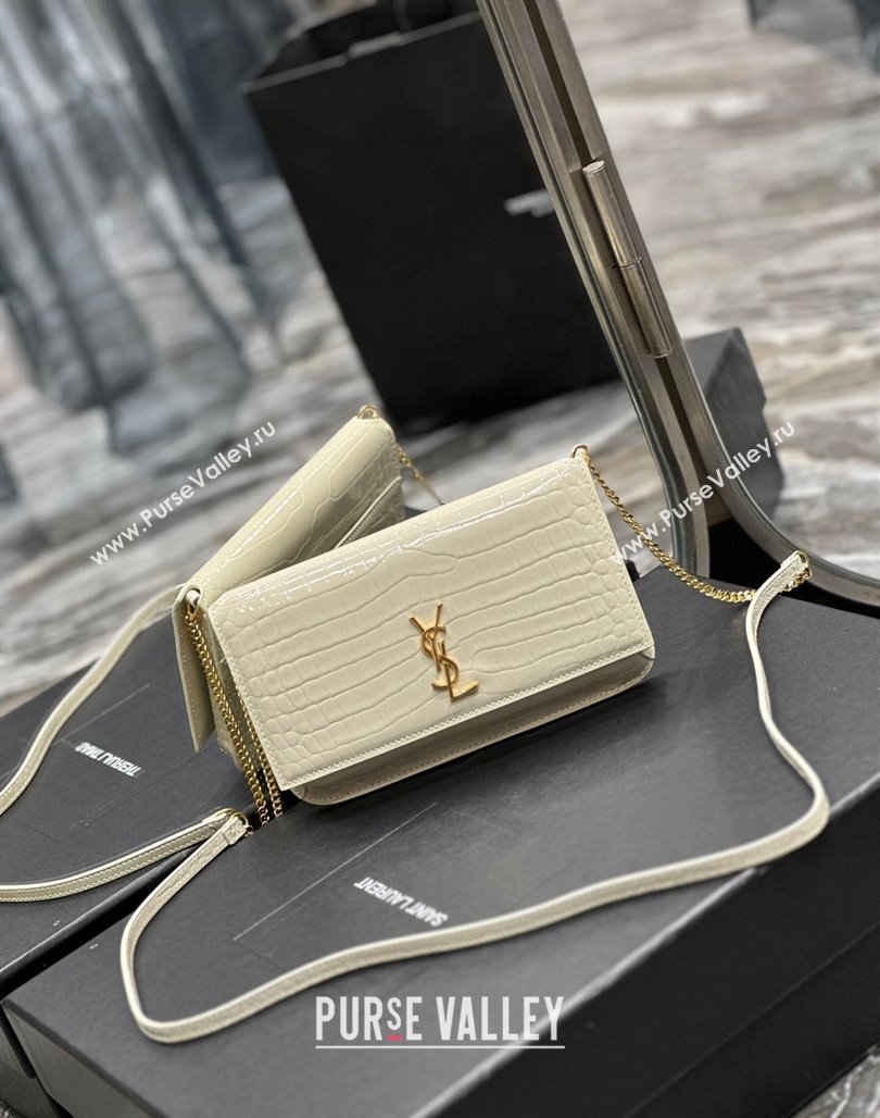 Saint Laurent Cassandre Phone Holder Chain Mini bag in Crocodile-Embossed Leather White 2024 635095 (YY-240525071)