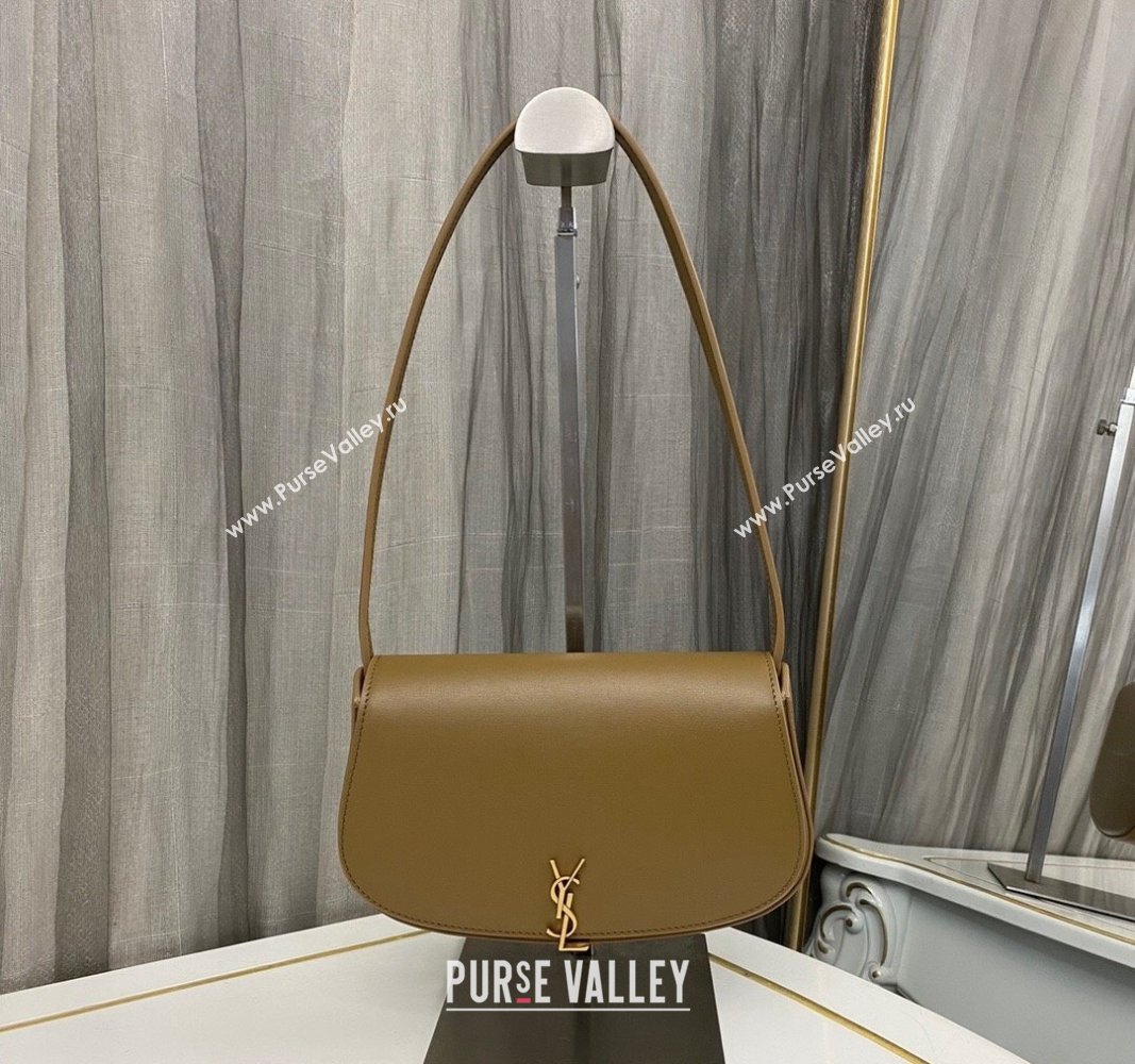 Saint Laurent Mini Voltaire Hobo Bag in Box Leather Dark Cork Brown 2024 779642 (nana-240622007)