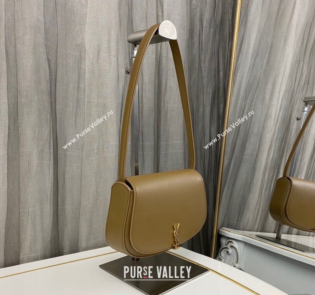 Saint Laurent Mini Voltaire Hobo Bag in Box Leather Dark Cork Brown 2024 779642 (nana-240622007)