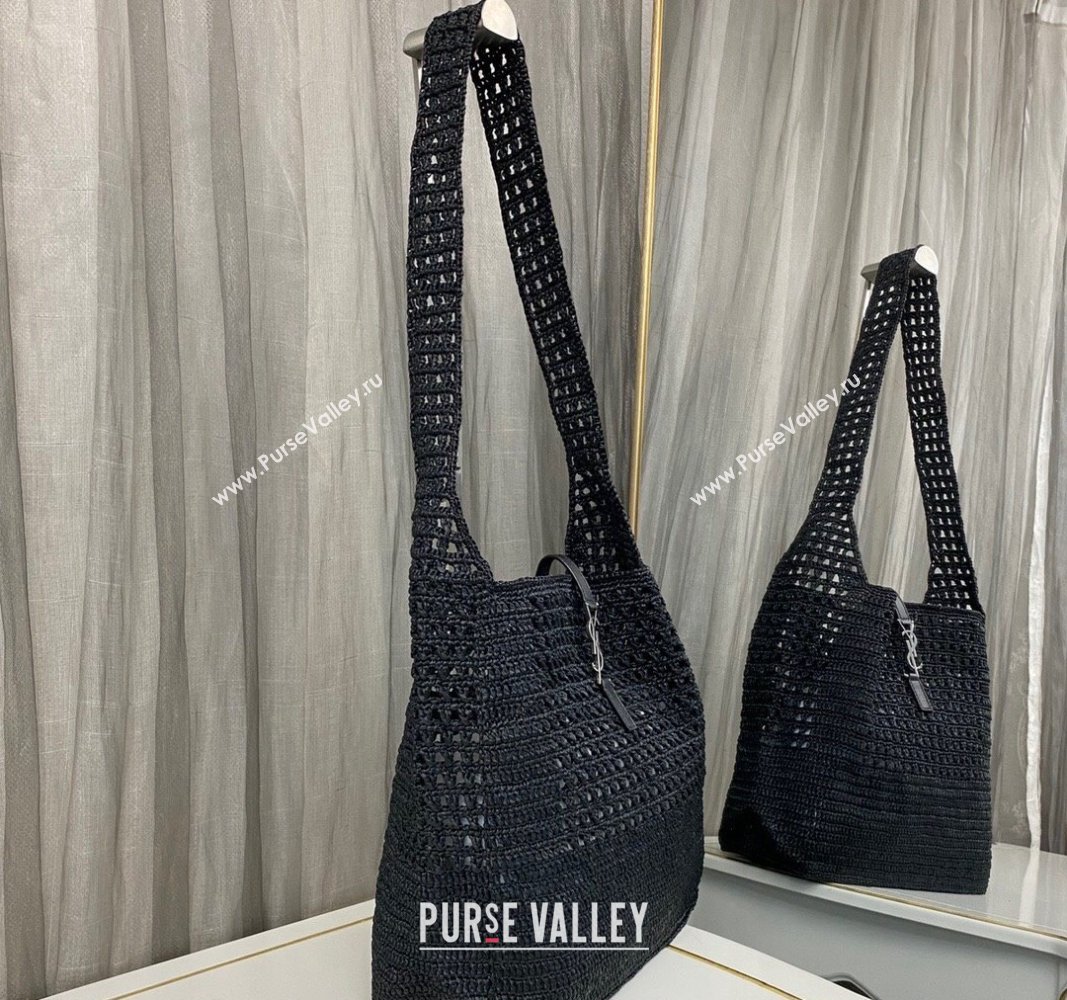 Saint Laurent LE 5 À 7 Tote Bag in Crochet Straw Black 2024 690941 (nana-240622011)