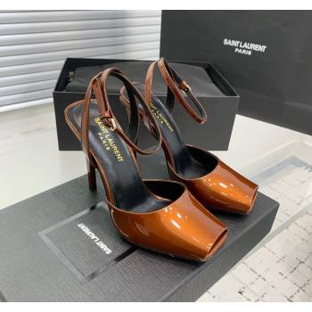 Saint Laurent Patent Leather High Heel Sandals 10cm with Open Toe Brown 2024 0704 (KER-240704087)