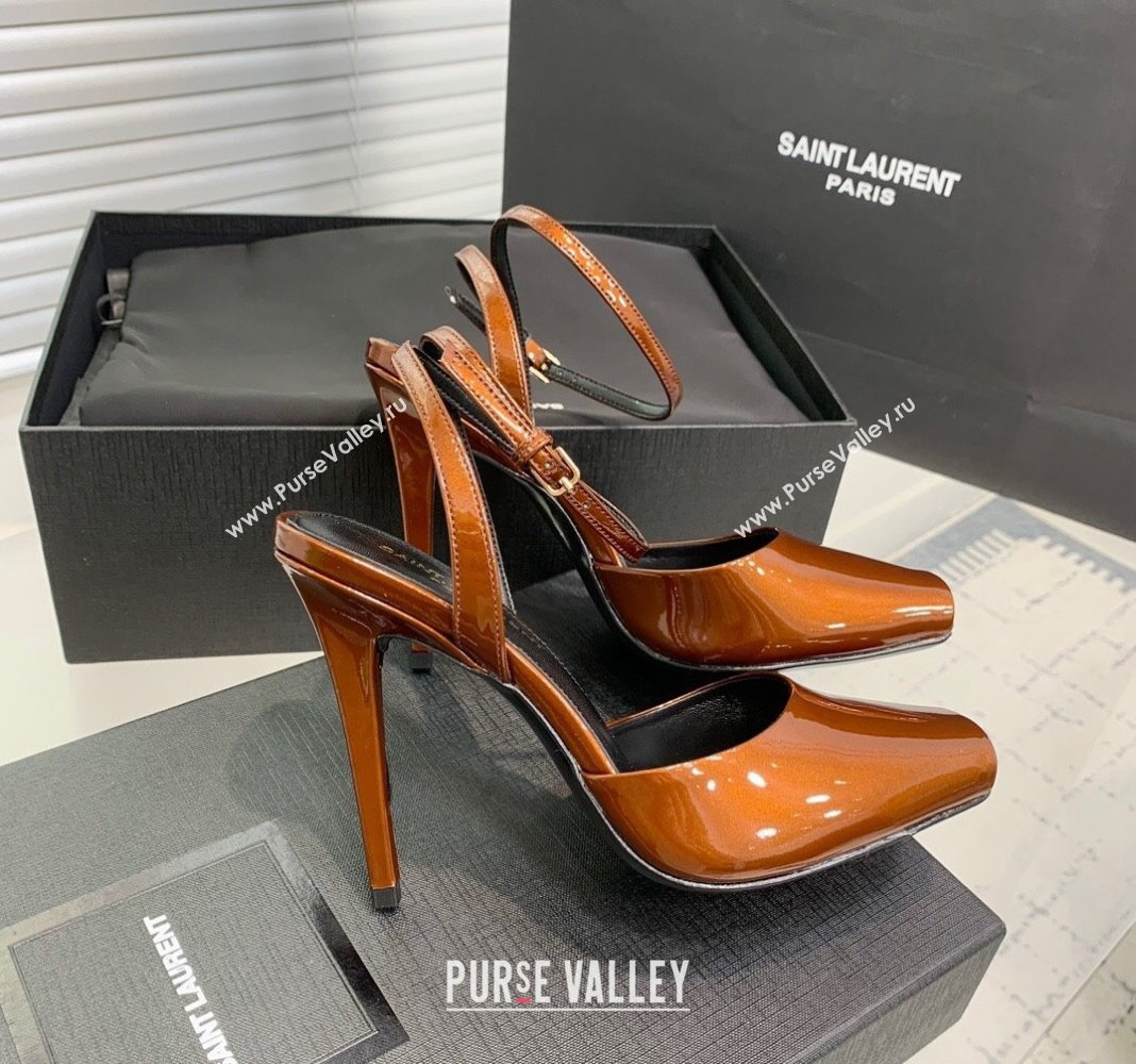 Saint Laurent Patent Leather High Heel Sandals 10cm with Open Toe Brown 2024 0704 (KER-240704087)