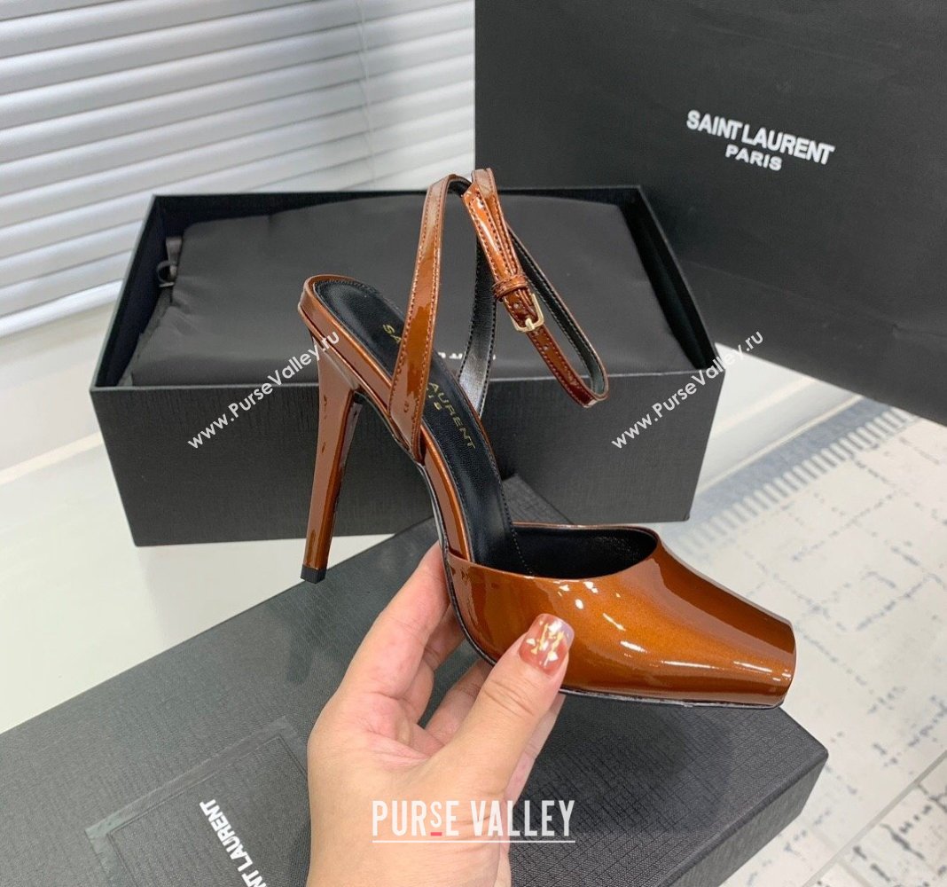 Saint Laurent Patent Leather High Heel Sandals 10cm with Open Toe Brown 2024 0704 (KER-240704087)