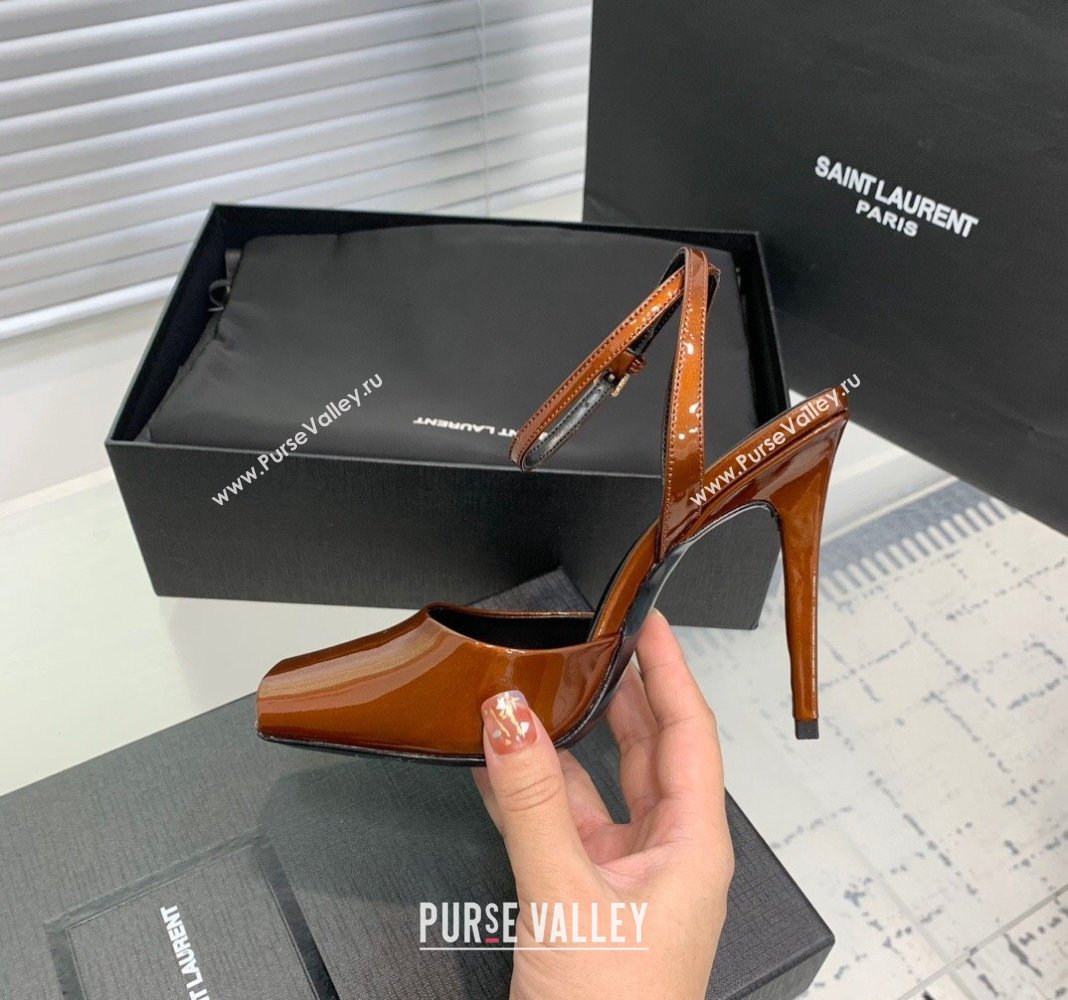 Saint Laurent Patent Leather High Heel Sandals 10cm with Open Toe Brown 2024 0704 (KER-240704087)