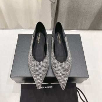 Saint Laurent Nour Pointed Flat Slippers in Strass Allover Silver 2024 (MD-240704094)