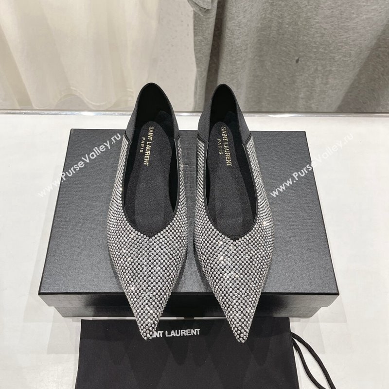 Saint Laurent Nour Pointed Flat Slippers in Strass Allover Silver 2024 (MD-240704094)