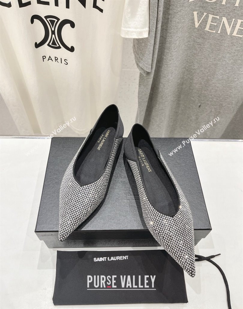 Saint Laurent Nour Pointed Flat Slippers in Strass Allover Silver 2024 (MD-240704094)