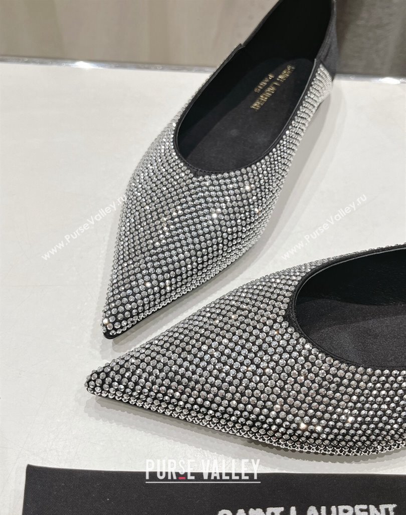 Saint Laurent Nour Pointed Flat Slippers in Strass Allover Silver 2024 (MD-240704094)