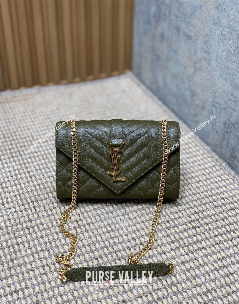 Saint Laurent Envelope Small Chain Bag in Grained Leather 526286 Khaki Green 2024 (YY-240803054)