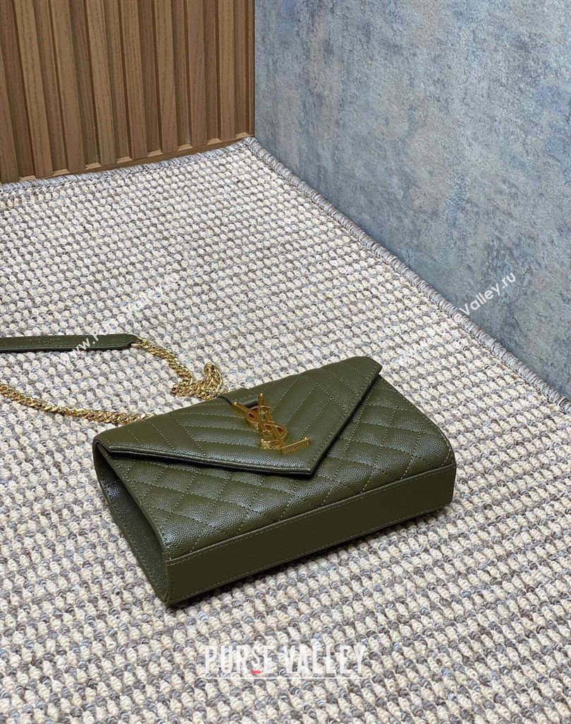 Saint Laurent Envelope Small Chain Bag in Grained Leather 526286 Khaki Green 2024 (YY-240803054)