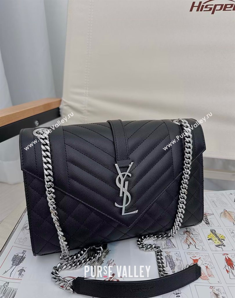 Saint Laurent Envelope Medium Bag in Grained Leather 600185 Black/Silver 2024 TOP (Hongs-240803034)