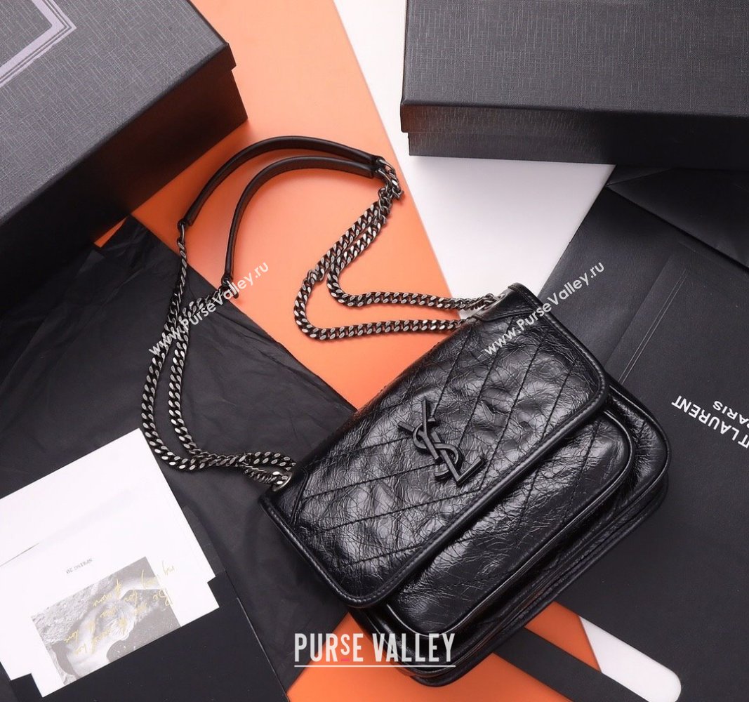 Saint Laurent Baby Niki Chain Bag in Shiny Crinkled Leather 533037 Black/Gunmetal 2024 (YY-240827009)