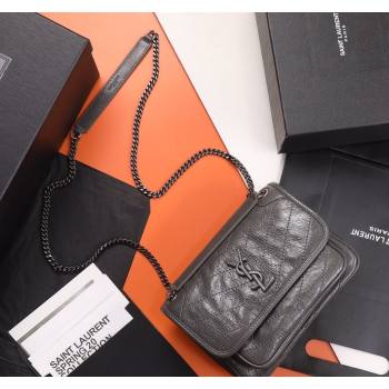 Saint Laurent Baby Niki Chain Bag in Shiny Crinkled Leather 533037 Dark Grey 2024 (YY-240827010)