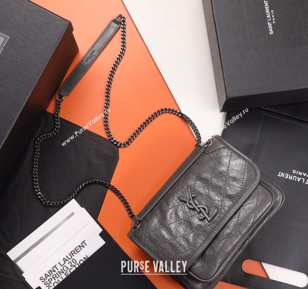 Saint Laurent Baby Niki Chain Bag in Shiny Crinkled Leather 533037 Dark Grey 2024 (YY-240827010)