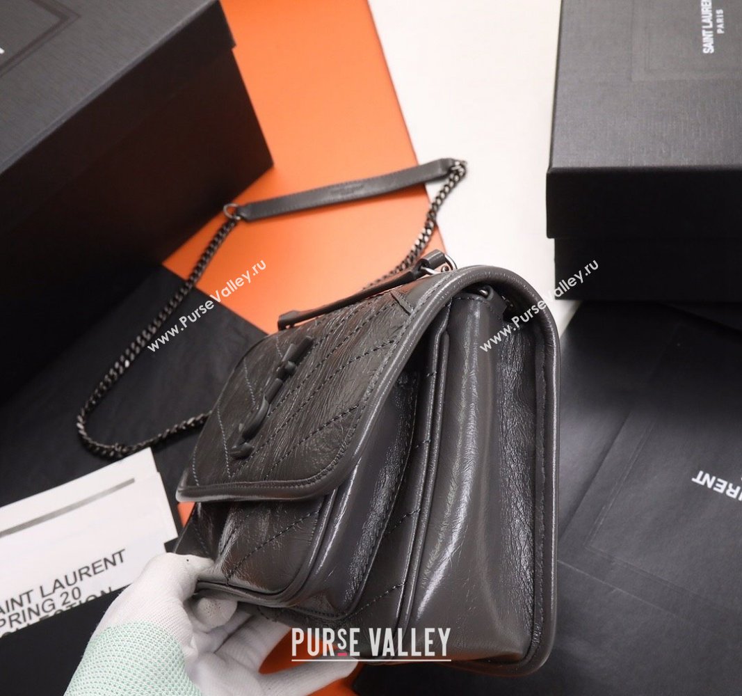 Saint Laurent Baby Niki Chain Bag in Shiny Crinkled Leather 533037 Dark Grey 2024 (YY-240827010)