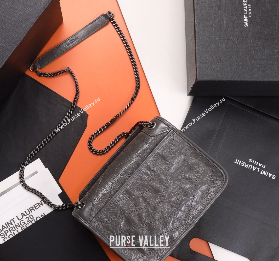Saint Laurent Baby Niki Chain Bag in Shiny Crinkled Leather 533037 Dark Grey 2024 (YY-240827010)