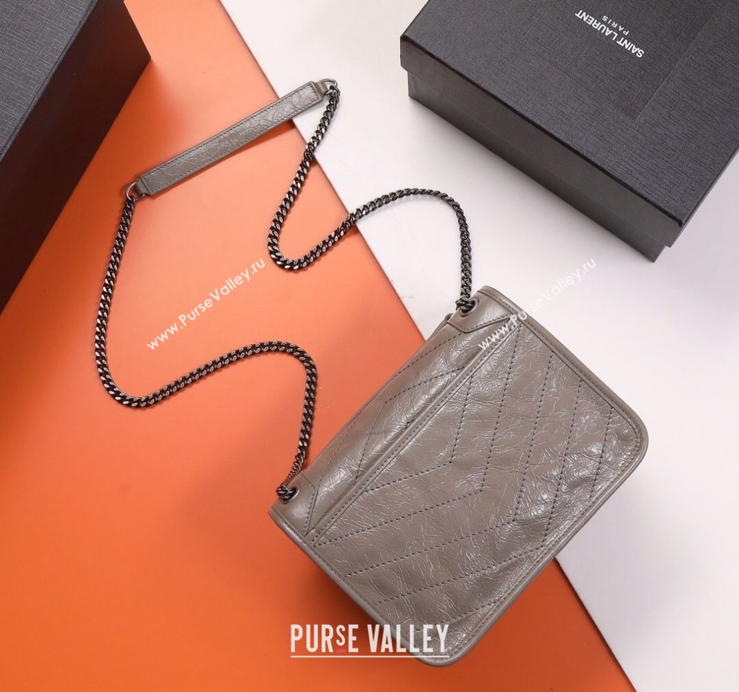 Saint Laurent Baby Niki Chain Bag in Shiny Crinkled Leather 533037 Grey 2024 (nana-240827014)