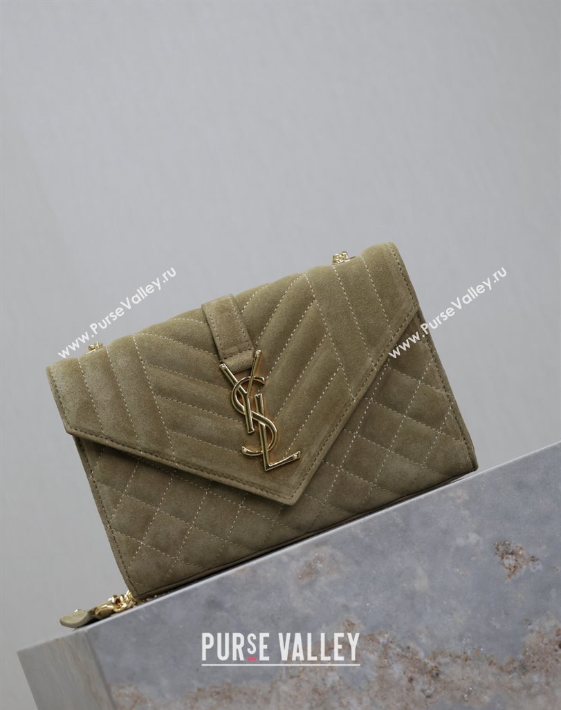 Saint Laurent Envelope Small Chain Bag in Suede 526286 Khaki Green 2024 (MHUI-240920039)