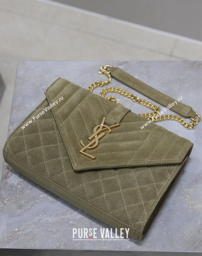 Saint Laurent Envelope Small Chain Bag in Suede 526286 Khaki Green 2024 (MHUI-240920039)