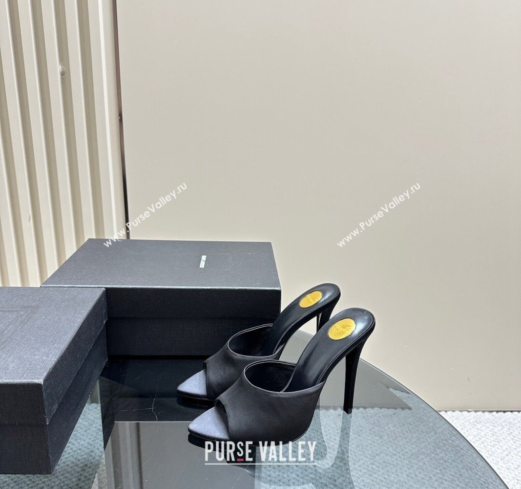 Saint Laurent Romy High Heel Slides Sandal 10.5cm in Satin Black 2024 (MD-241010073)