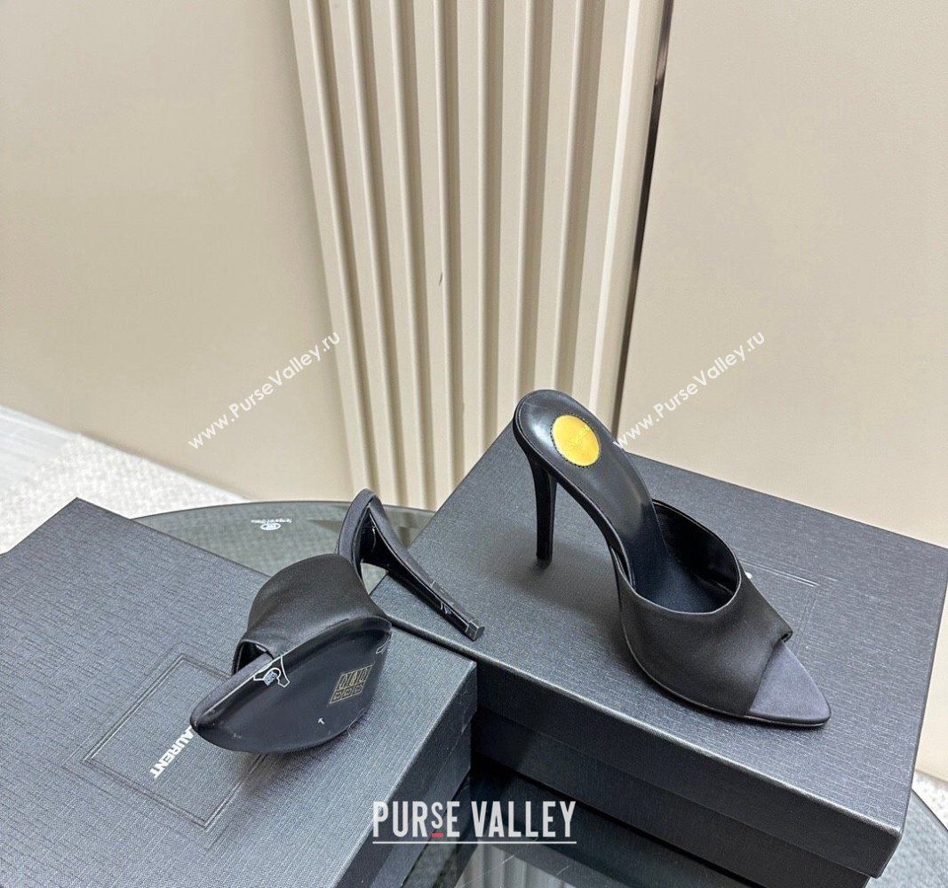 Saint Laurent Romy High Heel Slides Sandal 10.5cm in Satin Black 2024 (MD-241010073)