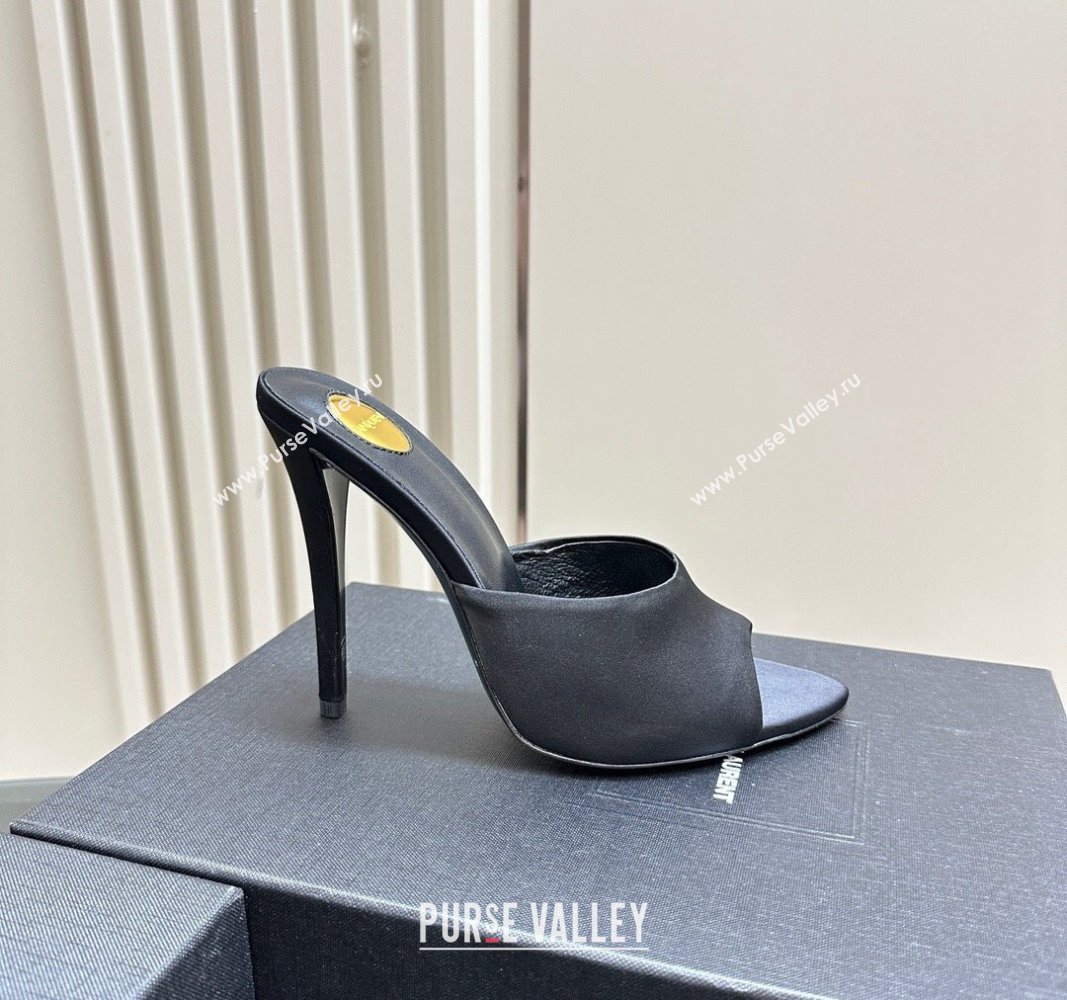 Saint Laurent Romy High Heel Slides Sandal 10.5cm in Satin Black 2024 (MD-241010073)