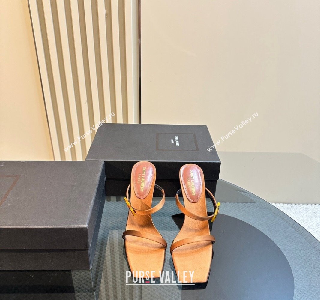 Saint Laurent Satin Heel Slides Sandal 10cm with Buckle Brown 2024 YSL101012 (MD-241010082)