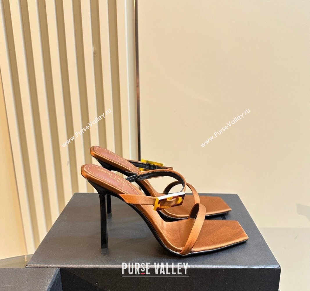 Saint Laurent Satin Heel Slides Sandal 10cm with Buckle Brown 2024 YSL101012 (MD-241010082)