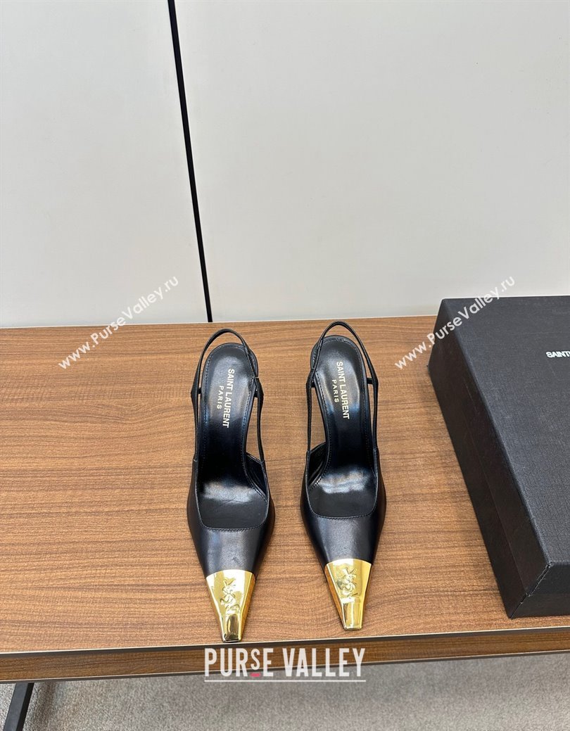 Saint Laurent Jeanne Slingback Pumps 9cm in Calfskin Leather Black/Gold 2024 (KL-241116002)
