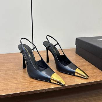 Saint Laurent Jeanne Slingback Pumps 9cm in Calfskin Leather Black/Gold 2024 (KL-241116002)