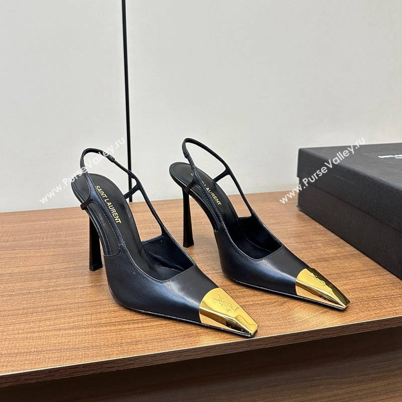 Saint Laurent Jeanne Slingback Pumps 9cm in Calfskin Leather Black/Gold 2024 (KL-241116002)