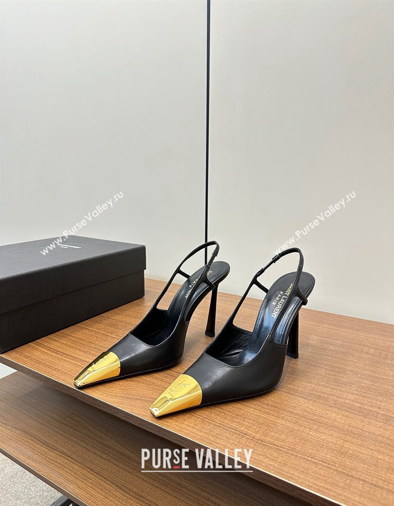 Saint Laurent Jeanne Slingback Pumps 9cm in Calfskin Leather Black/Gold 2024 (KL-241116002)