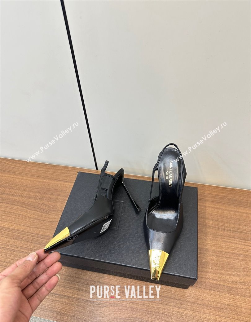 Saint Laurent Jeanne Slingback Pumps 9cm in Calfskin Leather Black/Gold 2024 (KL-241116002)