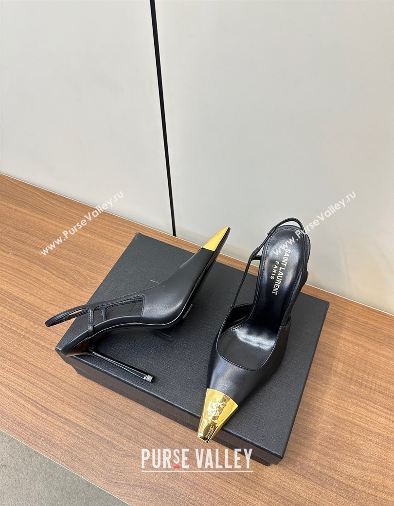 Saint Laurent Jeanne Slingback Pumps 9cm in Calfskin Leather Black/Gold 2024 (KL-241116002)