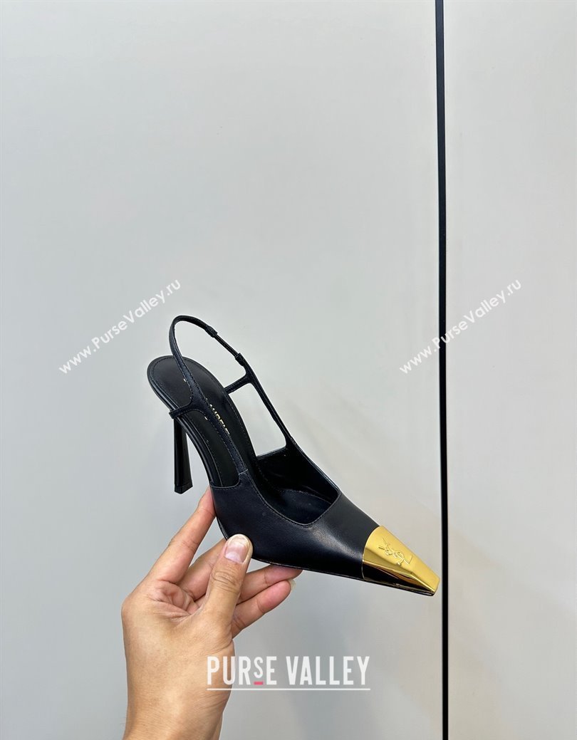 Saint Laurent Jeanne Slingback Pumps 9cm in Calfskin Leather Black/Gold 2024 (KL-241116002)