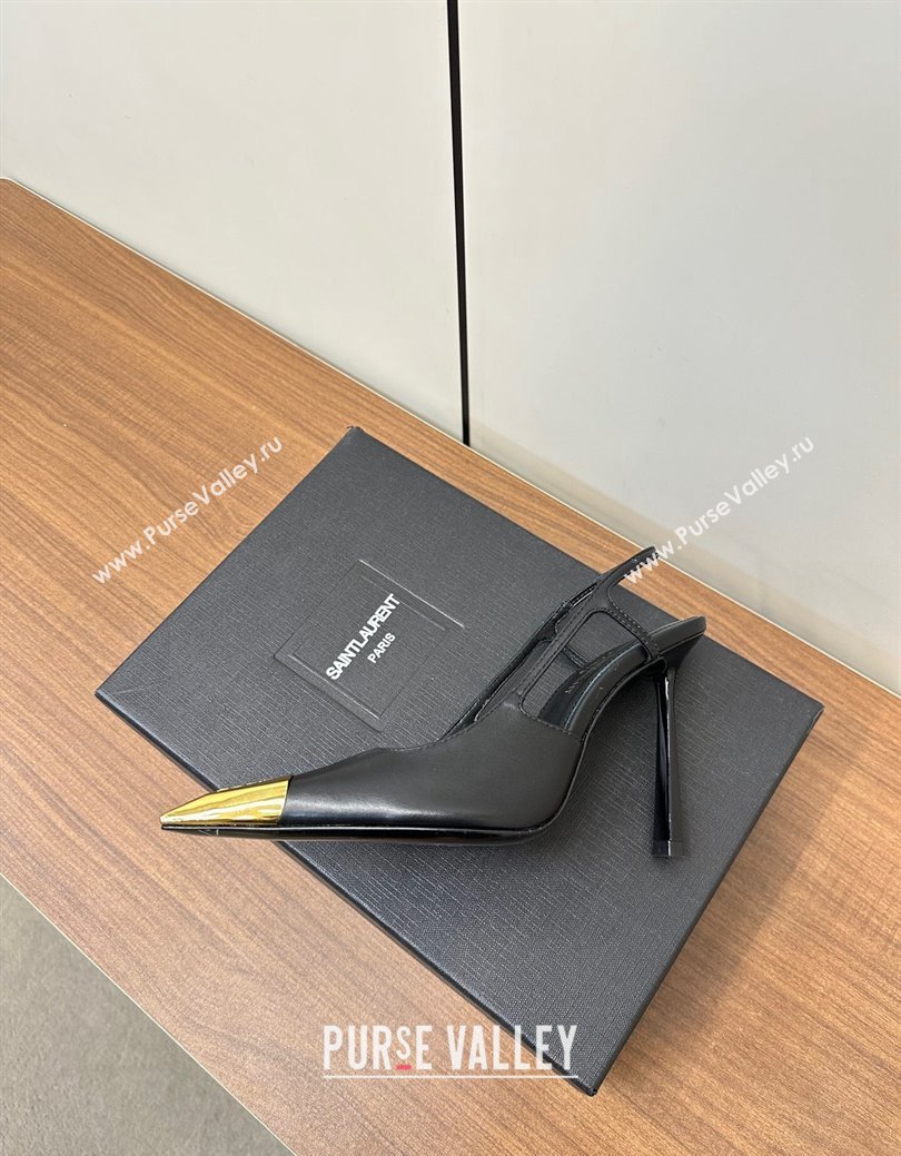 Saint Laurent Jeanne Slingback Pumps 9cm in Calfskin Leather Black/Gold 2024 (KL-241116002)