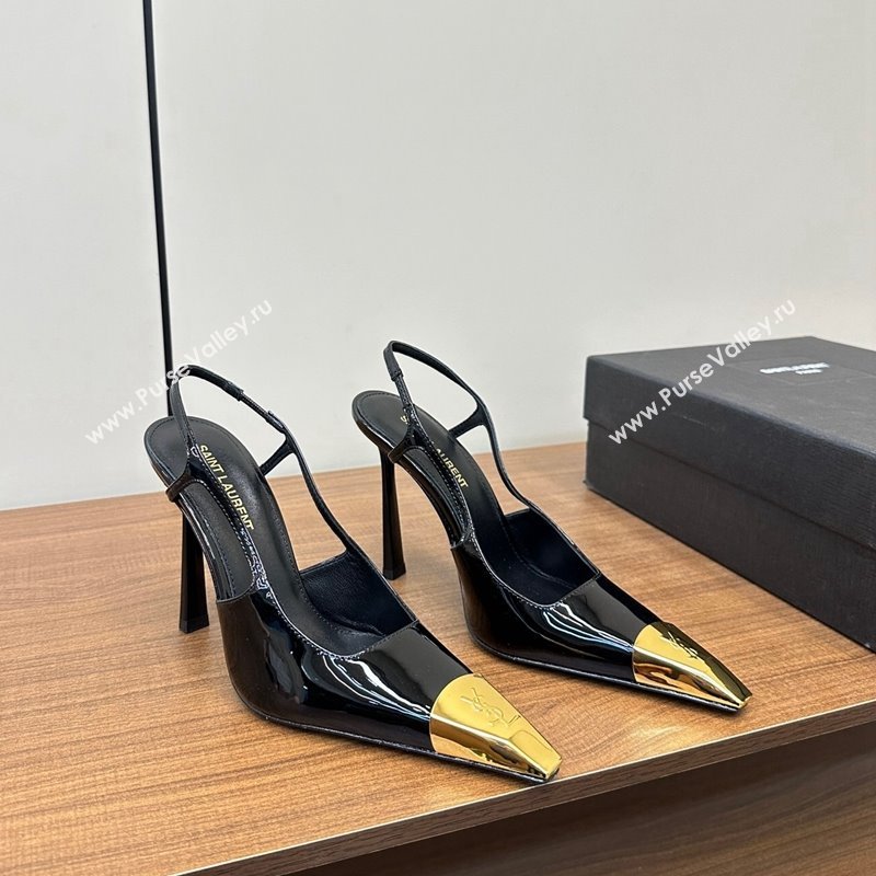 Saint Laurent Jeanne Slingback Pumps 9cm in Patent Leather Black/Gold 2024 (KL-241116001)