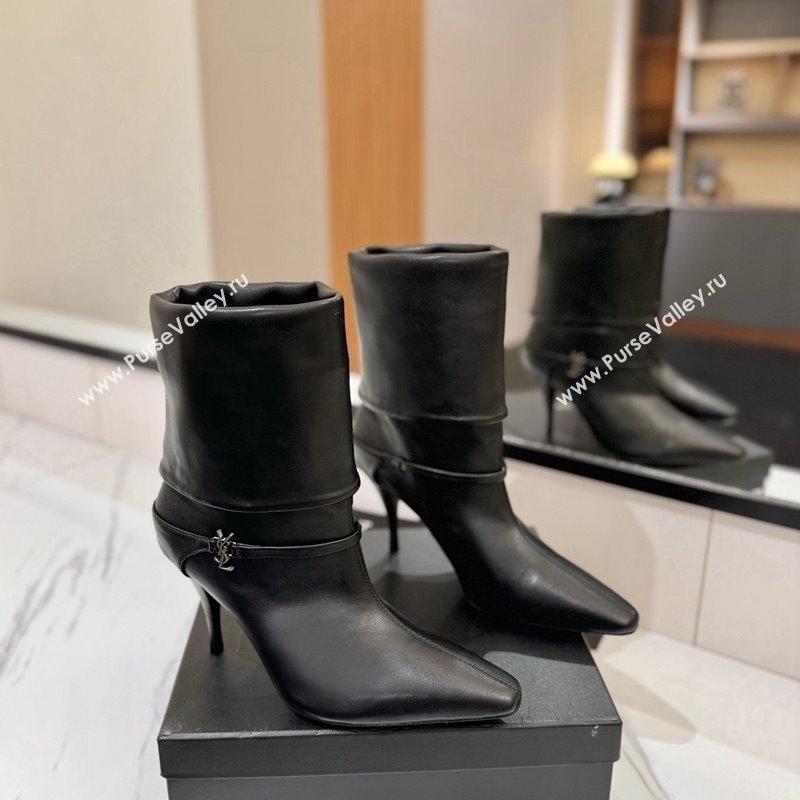 Saint Laurent Niki Heel Ankle Boots 10.5cm with YSL Strap in Calfskin Black 2024 (KL-241116004)