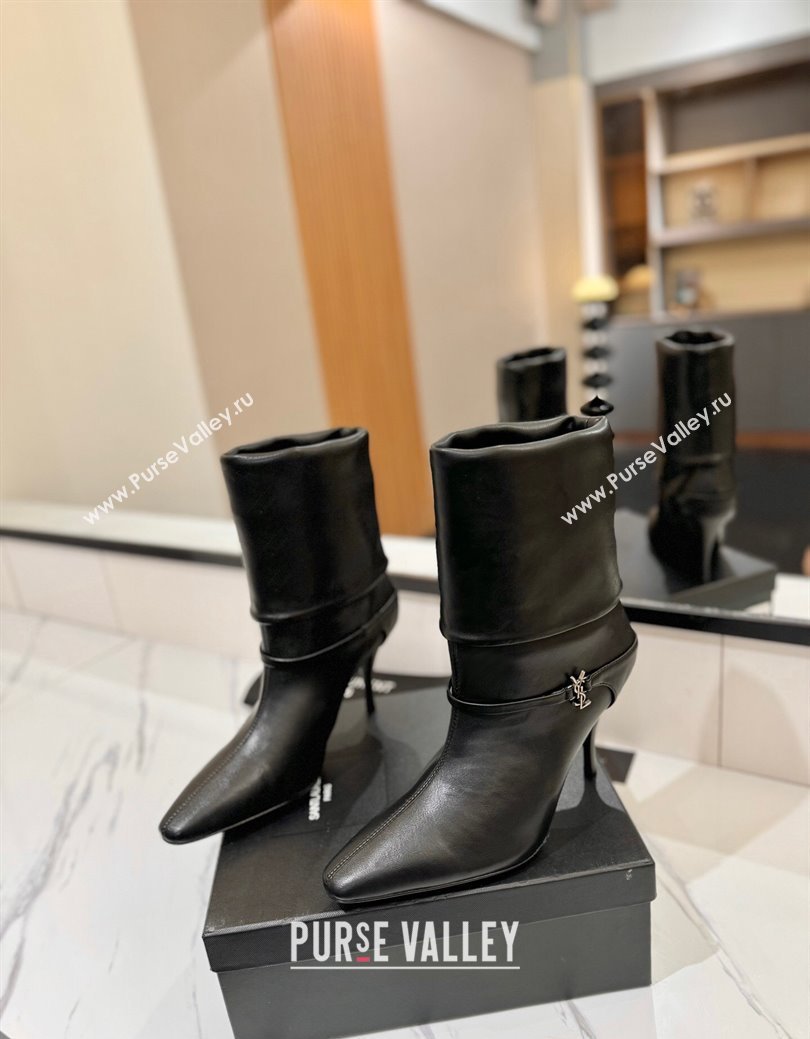 Saint Laurent Niki Heel Ankle Boots 10.5cm with YSL Strap in Calfskin Black 2024 (KL-241116004)