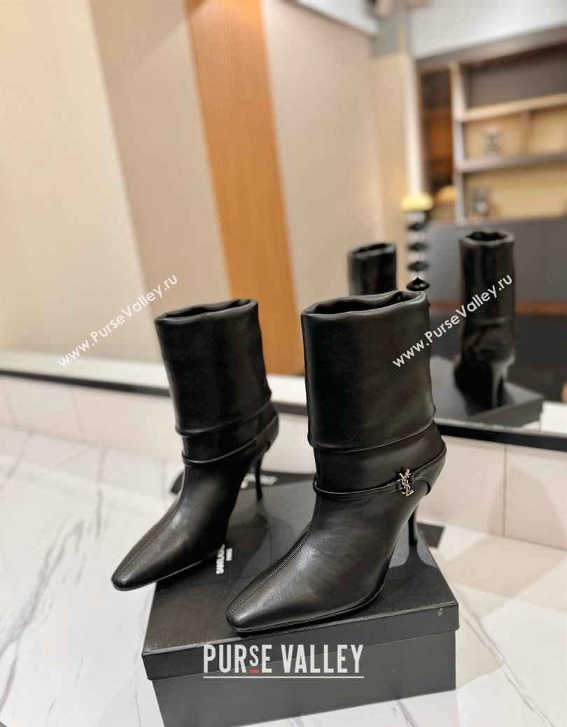 Saint Laurent Niki Heel Ankle Boots 10.5cm with YSL Strap in Calfskin Black 2024 (KL-241116004)